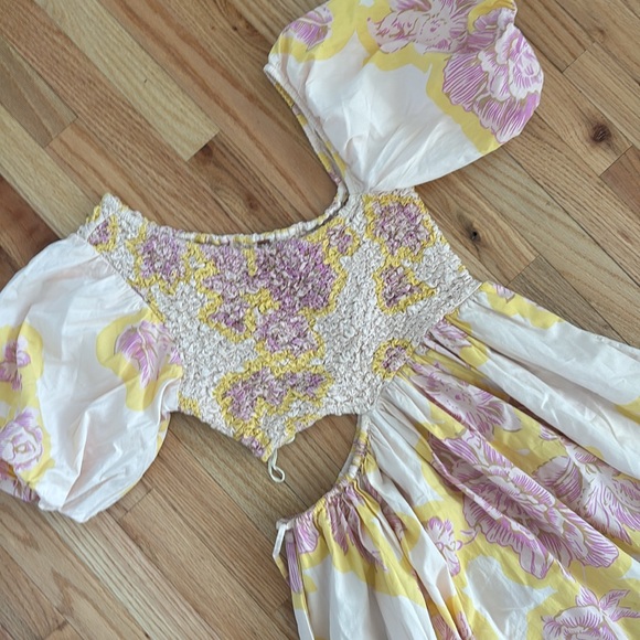 FREE PEOPLE KALINA MIDI LENGTH DRESS 100% COTTON SMALL SMOCKED FLORAL - Picture 4 of 6